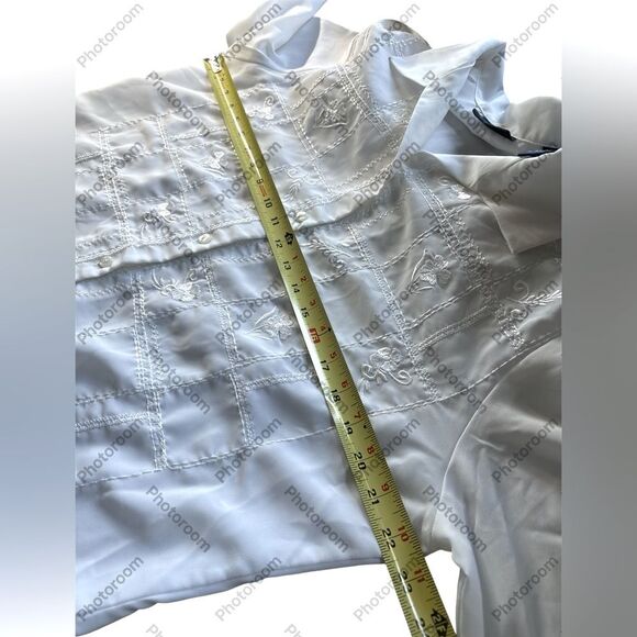 True Vintage 1980s Floral Embroidered Grid Longsleeve White Blouse - 14 L - Picture 7 of 7